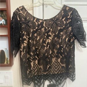 Express Black Floral Lace Short Sleeve Top with Nude Lining size Large
